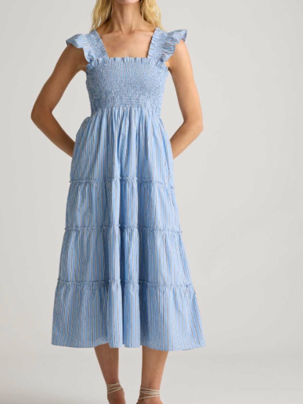 Quince 100% Cotton poplin smocked midi dress Blue Striped Ruffle tank s small